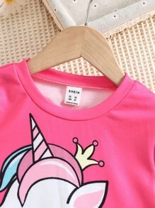 小女童獨角獸印花運動衫和裙子 - 玫紅色 - 查看 3