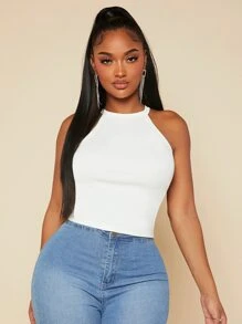 SHEIN SXY Solid Crop Halter Top - White - View 1