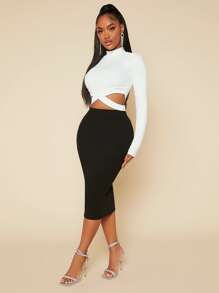 SHEIN SXY Solid Mock Neck Criss Cross Crop Tee - White - View 4