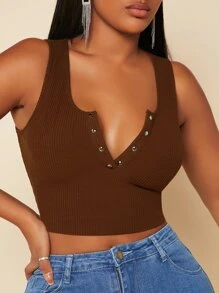 SHEIN SXY Half Button Crop Tank Top - Coffee Brown - View 1