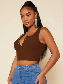 SHEIN SXY Half Button Crop Tank Top - Coffee Brown - View 3