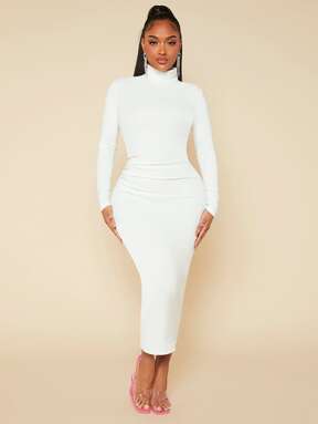 SHEIN SXY Vestido maxi blanco con cuello alto, sólido, ajustado y fruncido, vestido de graduación blanco