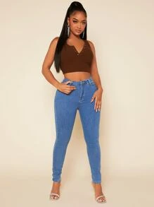 SHEIN SXY Half Button Crop Tank Top - Coffee Brown - View 4