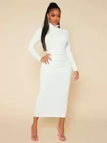 SHEIN SXY 高领纯色紧身褶皱白色长裙，白色毕业礼服