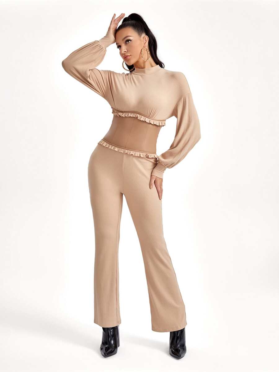 Koukla 设计师荷叶边蝙蝠袖喇叭腿连体裤，适合假期 - 卡其色 - 查看 1