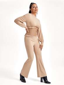 Koukla 设计师荷叶边蝙蝠袖喇叭腿连体裤，适合假期 - 卡其色 - 查看 4