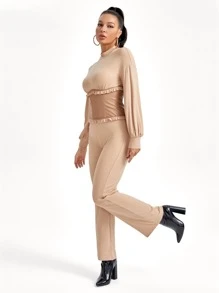 Koukla 设计师荷叶边蝙蝠袖喇叭腿连体裤，适合假期 - 卡其色 - 查看 5