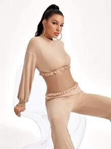 Koukla 设计师荷叶边蝙蝠袖喇叭腿连体裤，适合假期 - 卡其色 - 查看 6