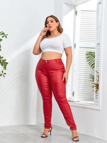 Apperloth A 大码高腰 2 纽扣保暖内衬厚 PU 涂层紧身皮裤，冬季音乐节 - 紅色 - 查看 5