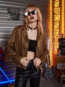 Chic Cropped Fringe Trim Suedette Biker Jacket - Coffee Brown - View 1