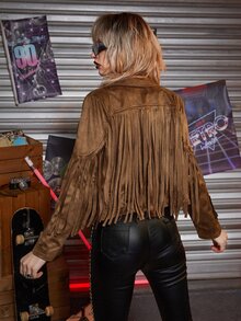 Chic Cropped Fringe Trim Suedette Biker Jacket - Coffee Brown - View 2