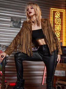 Chic Cropped Fringe Trim Suedette Biker Jacket - Coffee Brown - View 4