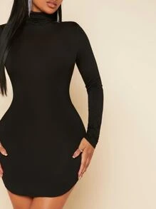 SHEIN SXY 素色小高領緊身洋裝 - 黑色 - 查看 4