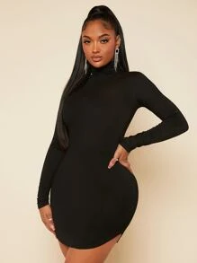 SHEIN SXY 素色小高領緊身洋裝 - 黑色 - 查看 5