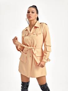 LUSINE BONFIELD 翻蓋口袋腰帶風衣外套 - 杏色 - 查看 4
