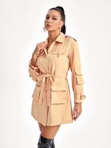 LUSINE BONFIELD 翻蓋口袋腰帶風衣外套 - 杏色 - 查看 6