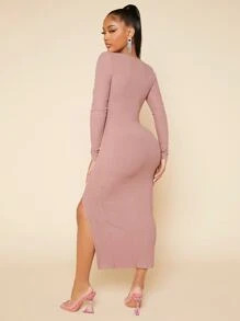 SHEIN SXY 1入組大圓領高衩緊身連衣裙 - 藕粉色 - 查看 2