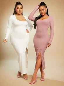 SHEIN SXY 1入組大圓領高衩緊身連衣裙 - 藕粉色 - 查看 3