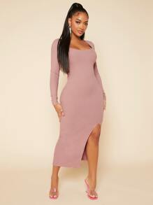 SHEIN SXY 1入組大圓領高衩緊身連衣裙 - 藕粉色 - 查看 4