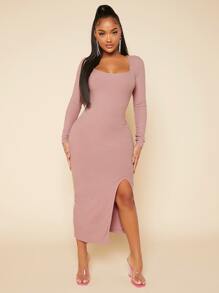 SHEIN SXY 1入組大圓領高衩緊身連衣裙 - 藕粉色 - 查看 5