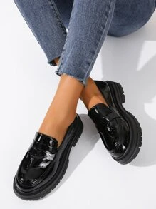 Minimalist Slip-On Flatform Penny Loafers - Black - View 2