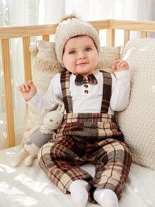 Baby Boy Bow Neck Tee & Plaid Overalls - Multicolor - View 1