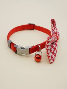 Houndstooth Print Bow Decor Pet Collar - Red and White - View 2