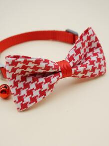 Houndstooth Print Bow Decor Pet Collar - Red and White - View 4