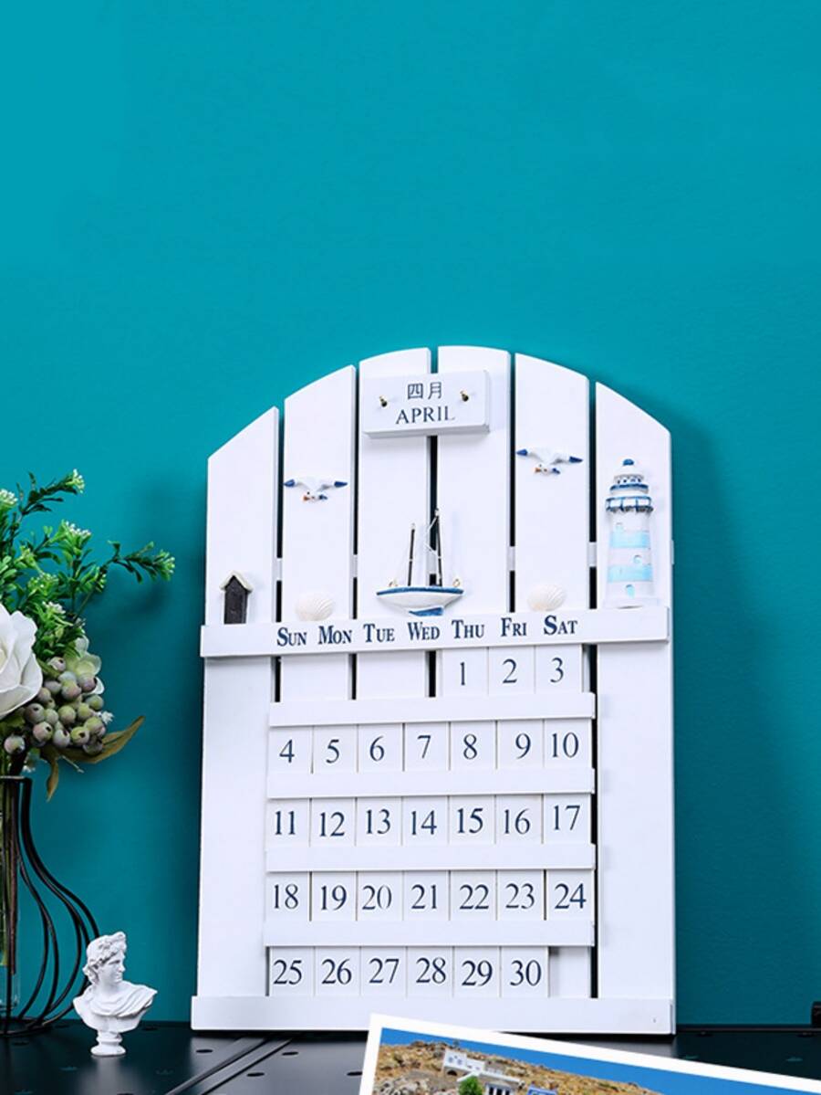1pc Wooden Boat Decor Desk Calendar - White - View 1