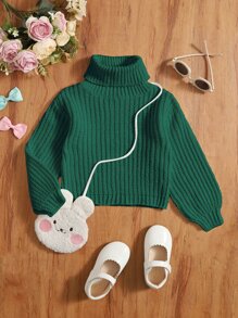 Cô Gái Trẻ Chất rắn Áo cao cổ Áo len - Màu xanh lá cây đậm - Xem 1