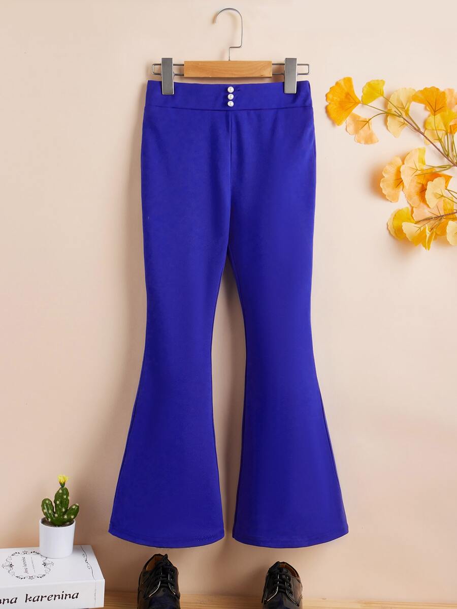 SHEIN Girls Fake Button Flare Leg Trousers - Royal Blue - View 1