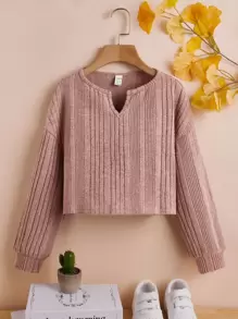 SHEIN Girls Notched Lantern Sleeve Tee - Dusty Pink - View 1