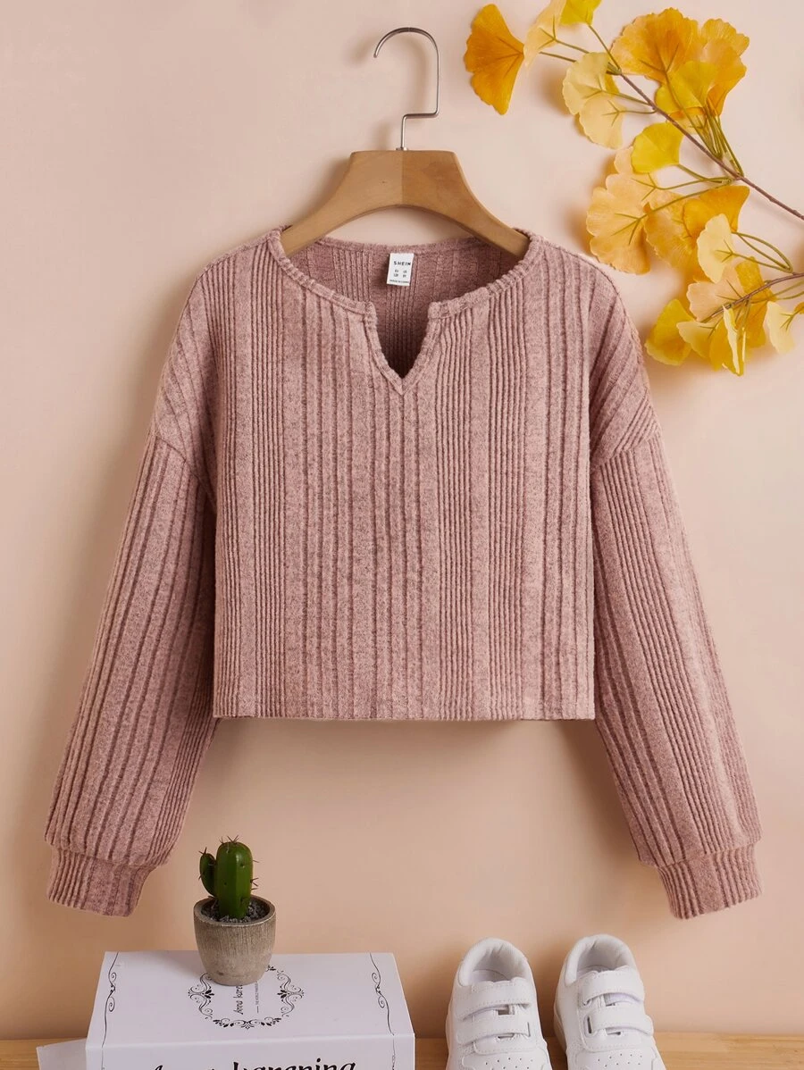 SHEIN Girls Notched Lantern Sleeve Tee - Dusty Pink - View 1