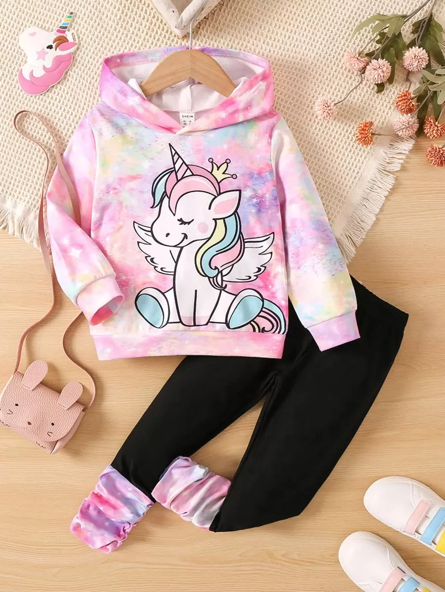 SHEIN Cô Gái Trẻ Nhuộm buộc Đồ họa Hoạt hình Áo Hoodie & Quần thể thao - Nhiều màu - Xem 1