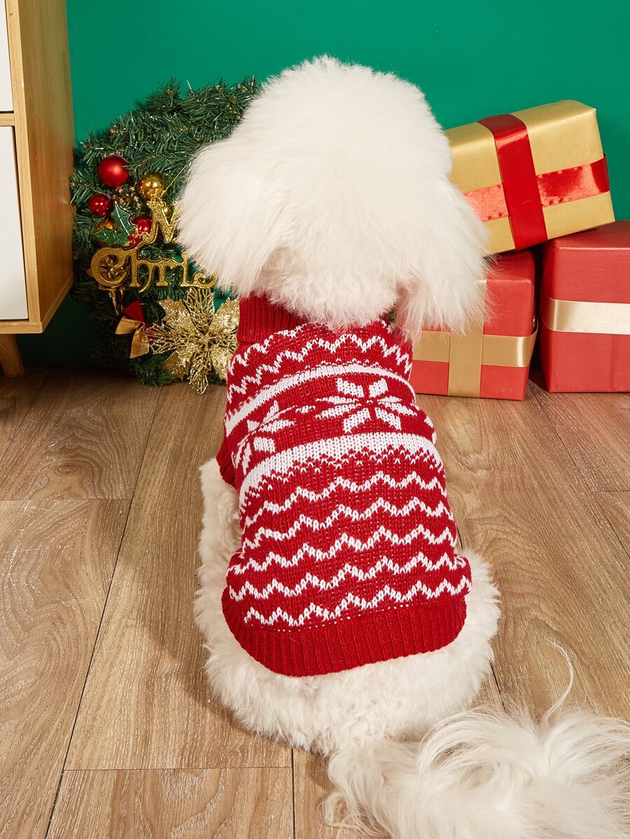 Snowflake & Wavy Pattern Pet Sweater (1pc) - Red and White - View 1