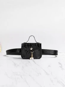 迷你鱷魚壓紋人造珍珠裝飾腰包 - 黑色 - 查看 1