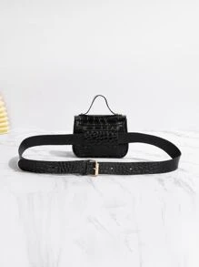 迷你鱷魚壓紋人造珍珠裝飾腰包 - 黑色 - 查看 2