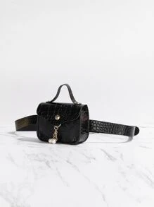 迷你鱷魚壓紋人造珍珠裝飾腰包 - 黑色 - 查看 3