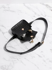 迷你鱷魚壓紋人造珍珠裝飾腰包 - 黑色 - 查看 5