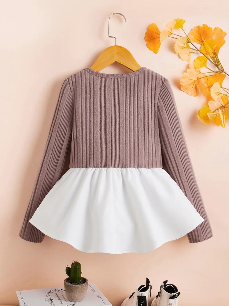 SHEIN Áo dài tay màu khối Tween Girl có viền xù - Bụi hồng - Xem 2