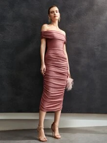 MOTF 褶皺金屬亮絲緊身洋裝 - 藕粉色 - 查看 6