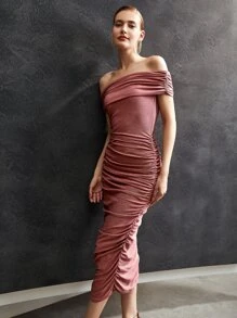 MOTF 褶皺金屬亮絲緊身洋裝 - 藕粉色 - 查看 7