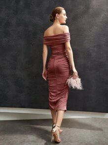 MOTF 褶皺金屬亮絲緊身洋裝 - 藕粉色 - 查看 4