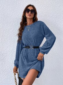 SHEIN Essnce 落肩袖條紋針織洋裝不附腰帶 - 霧霾藍 - 查看 4