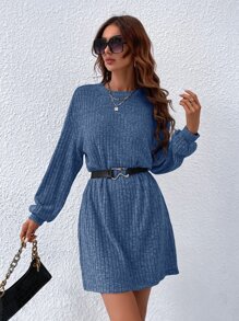 SHEIN Essnce 落肩袖條紋針織洋裝不附腰帶 - 霧霾藍 - 查看 5