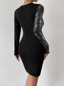 Allurite Contrast Sequin Wrap Hem Bodycon Dress - Black - View 2