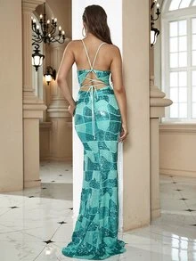 LOVE&LEMONADE Split Thigh Lace Up Backless Sequins Cami Formal Gown - Mint Green - View 2