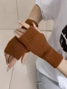 1 đôi Găng tay mùa đông dệt kim màu trơn, thiết kế đơn giản và linh hoạt - màu nâu - Xem 2