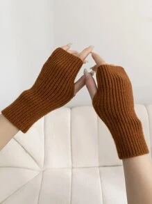 1 đôi Găng tay mùa đông dệt kim màu trơn, thiết kế đơn giản và linh hoạt - màu nâu - Xem 3