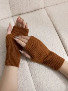 1 đôi Găng tay mùa đông dệt kim màu trơn, thiết kế đơn giản và linh hoạt - màu nâu - Xem 4